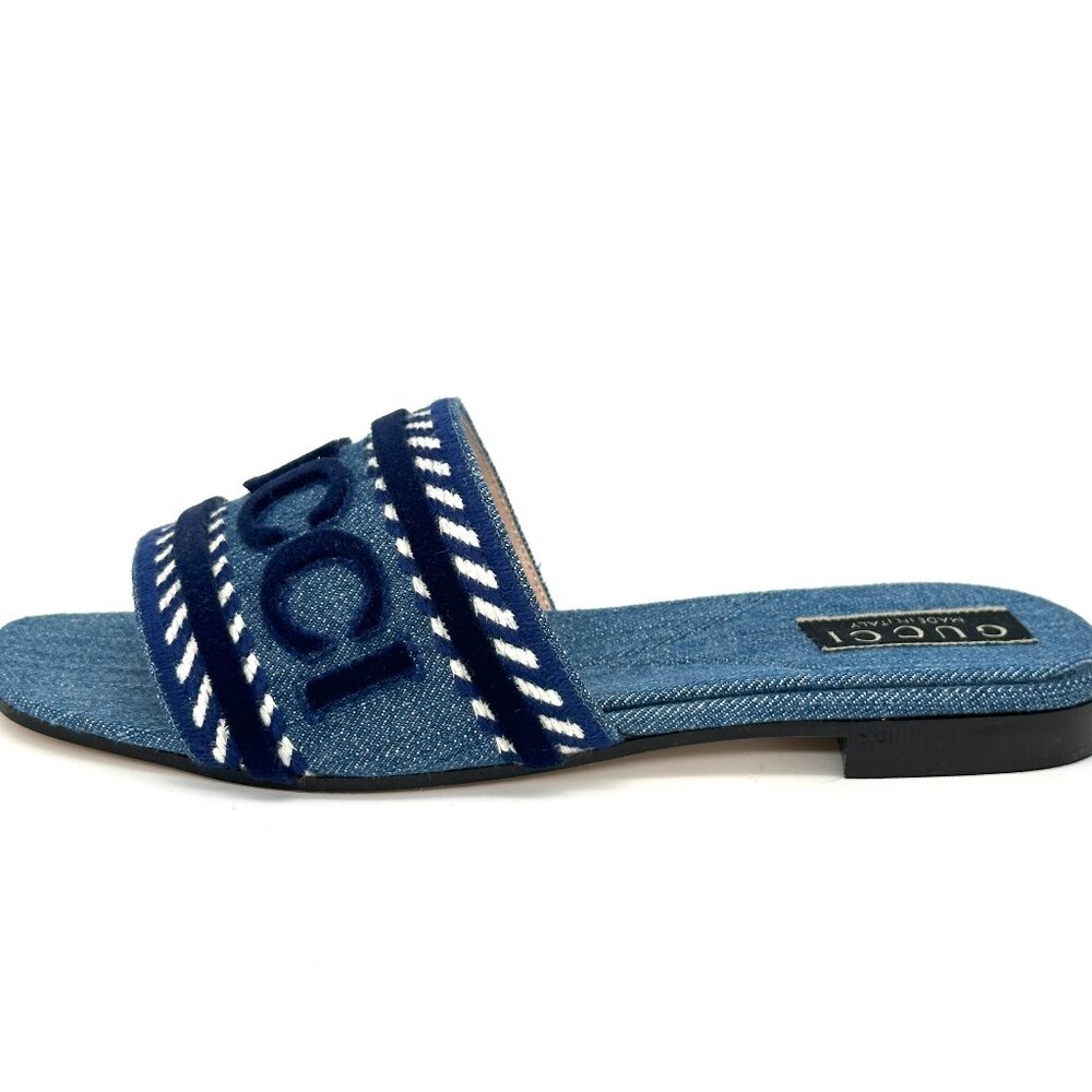 Gucci Jane Denim Logo Embroidered Flat Slide Sandals Shoes Blue - Picture 8 of 16
